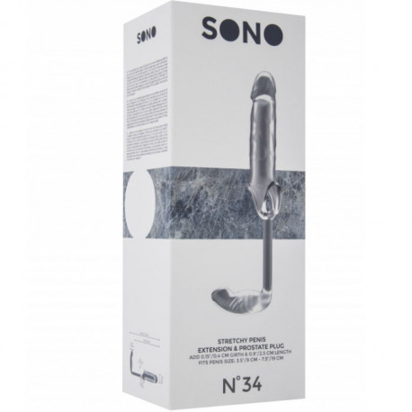 SONO 34 EXTENSION 25CM PENE CON ANILLA TESTiCULOS Y PLUG ANAL TRANSPARENTE