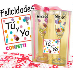 FELICIDADES Tu y YO Copas cristal y confetti