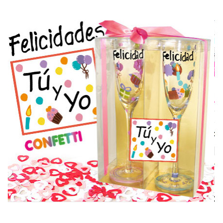 FELICIDADES Tu y YO Copas cristal y confetti