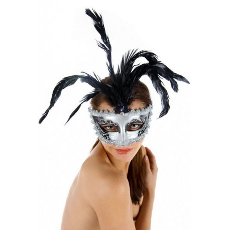 MASCARA VENECIANA ACABADO PLATA PLUMAS